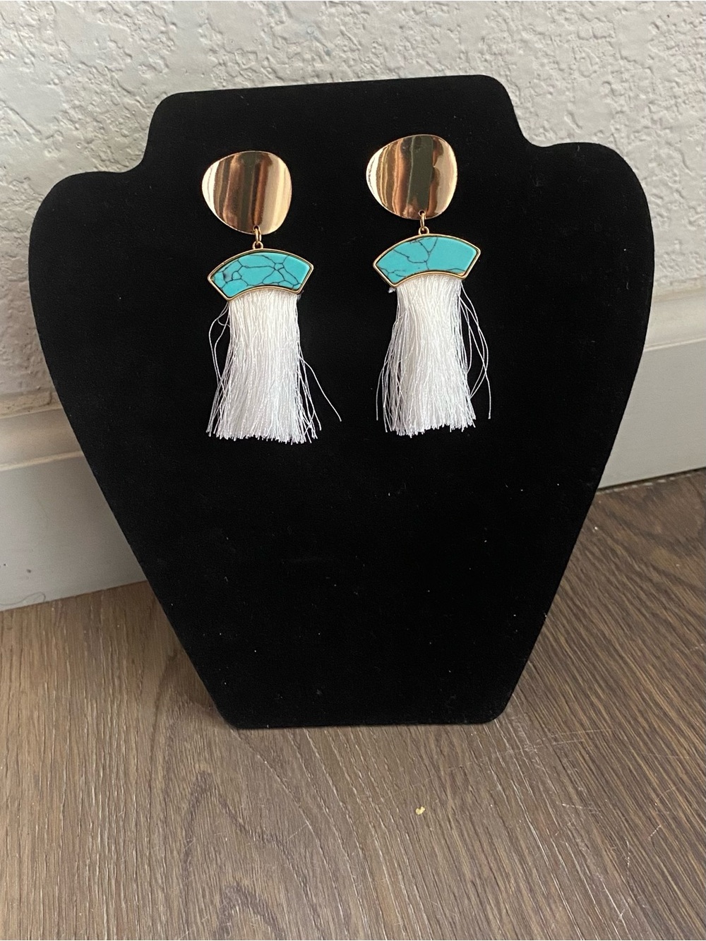 paparazzi Gold-Tone Turquoise and White Tassel Drop Earrings